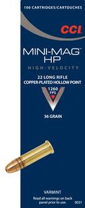 CCI Mini-Mag High Velocity 22LR 36gr. Plated Lead HP 100 round box
