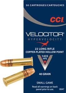 CCI Velocitor Hypervelocity 22LR 40gr. Copper-Plated HP 50 round box
