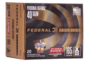 FEDERAL HYDRA-SHOK PREMIUM PERSONAL DEFENSE AMMUNITION 40S&W 165GR. JHP 20 ROUND BOX