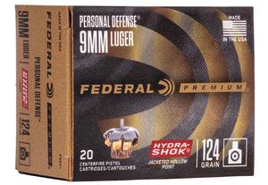 FEDERAL HYDRA-SHOK PREMIUM PERSONAL DEFENSE AMMUNITION 9MM 124GR. JHP 20 ROUND BOX